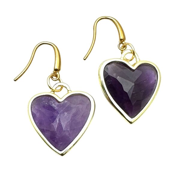 Womens Purple Amethyst Gemstone Heart Gold Plated Earrings Pierced Chandelier - Picture 5 of 6